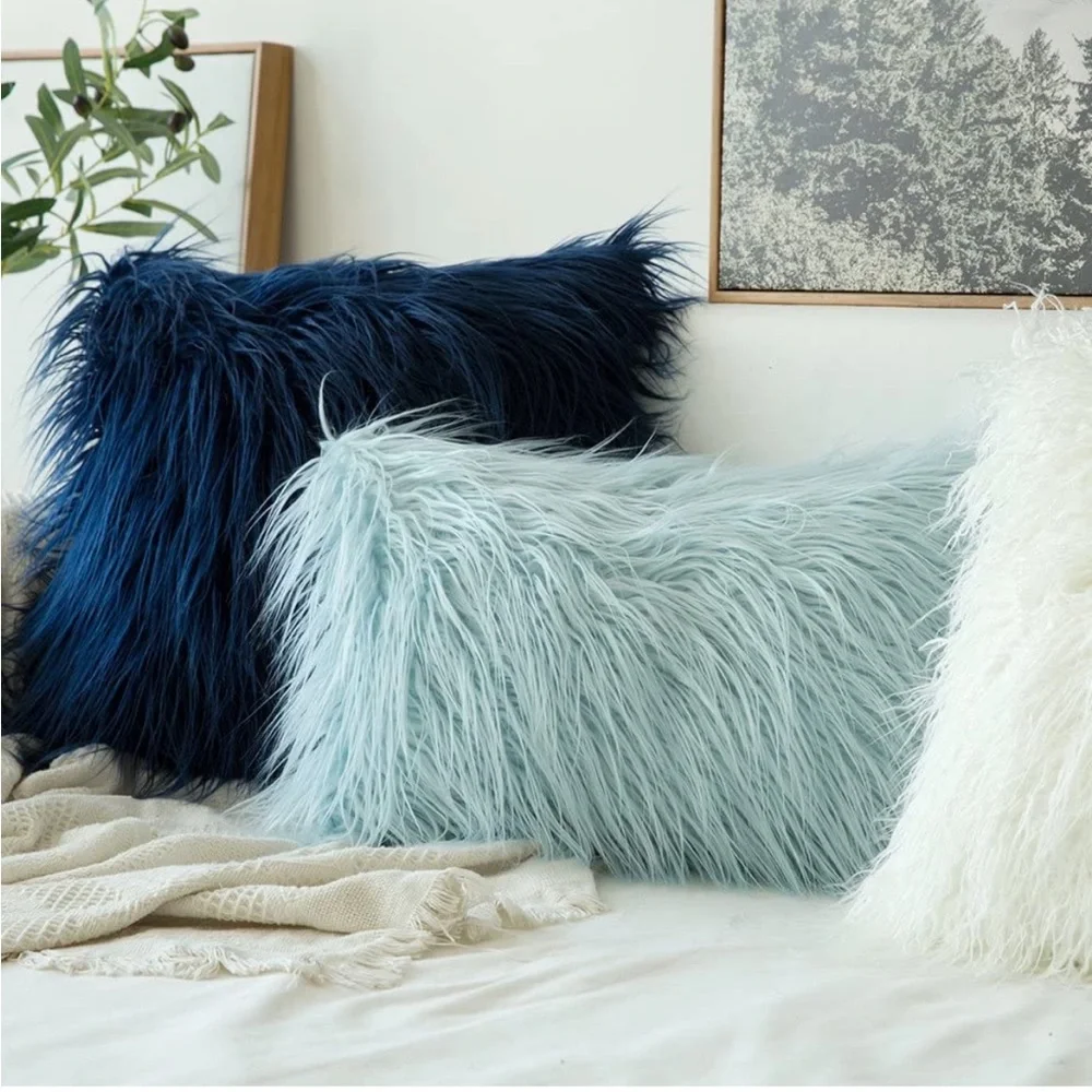 Luxury Home | Chic Light Blue Faux Long Fur Luxe Lumbar Throw Pillow Cover